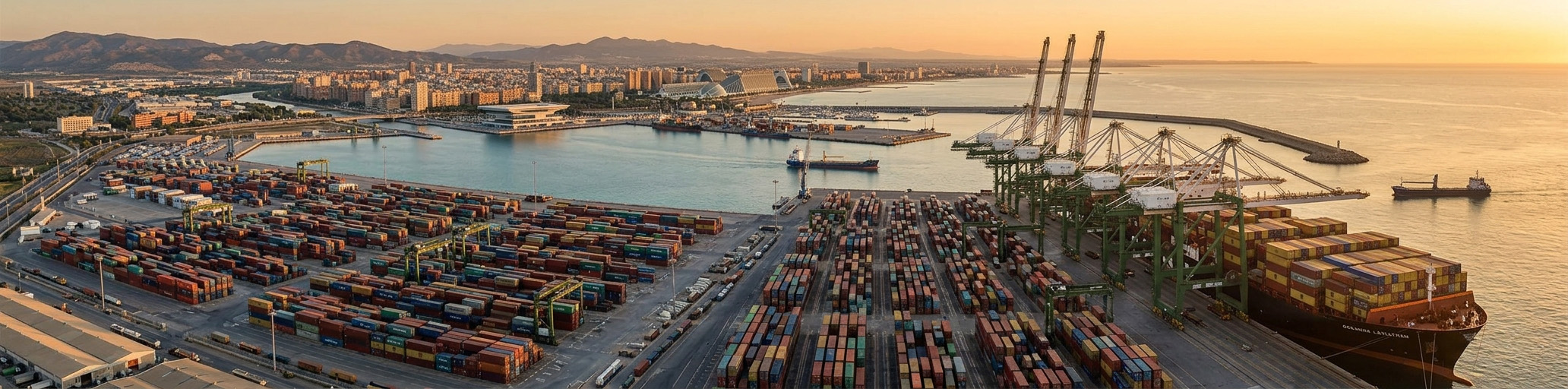 Puerto de Valencia al atardecer — terminal de contenedores